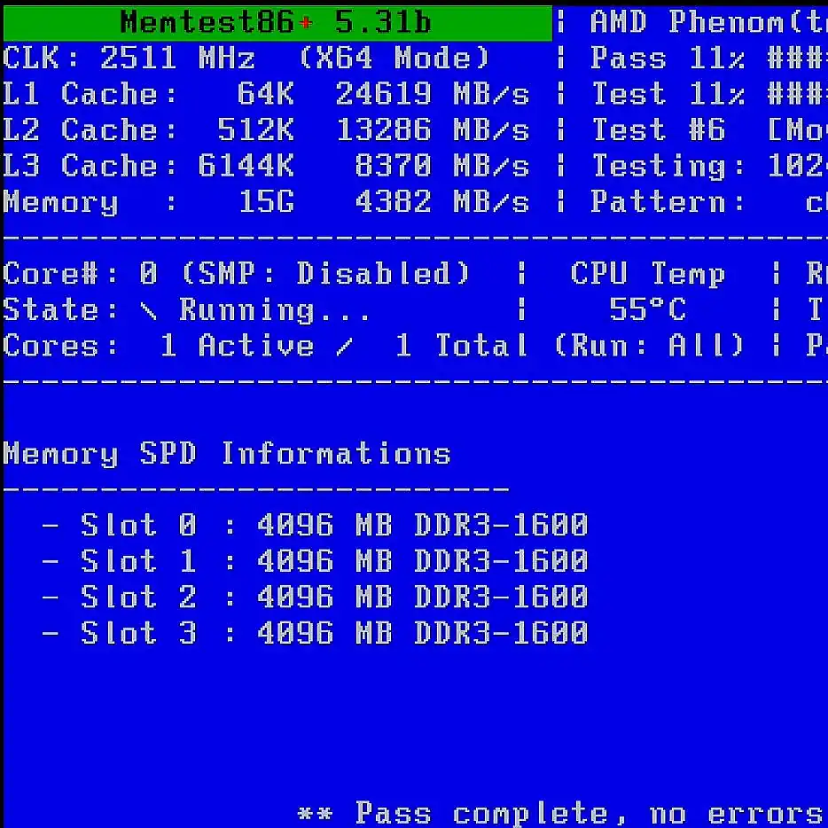 Memtest86 em 16 GB de RAM DDR3 1600 MHz
