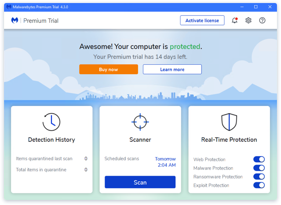 Interface da tela inicial do antivírus Malwarebytes
