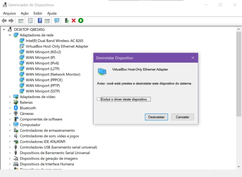 Desinstalando dispositivo de rede no Windows através do Gerenciador de Dispositivos.