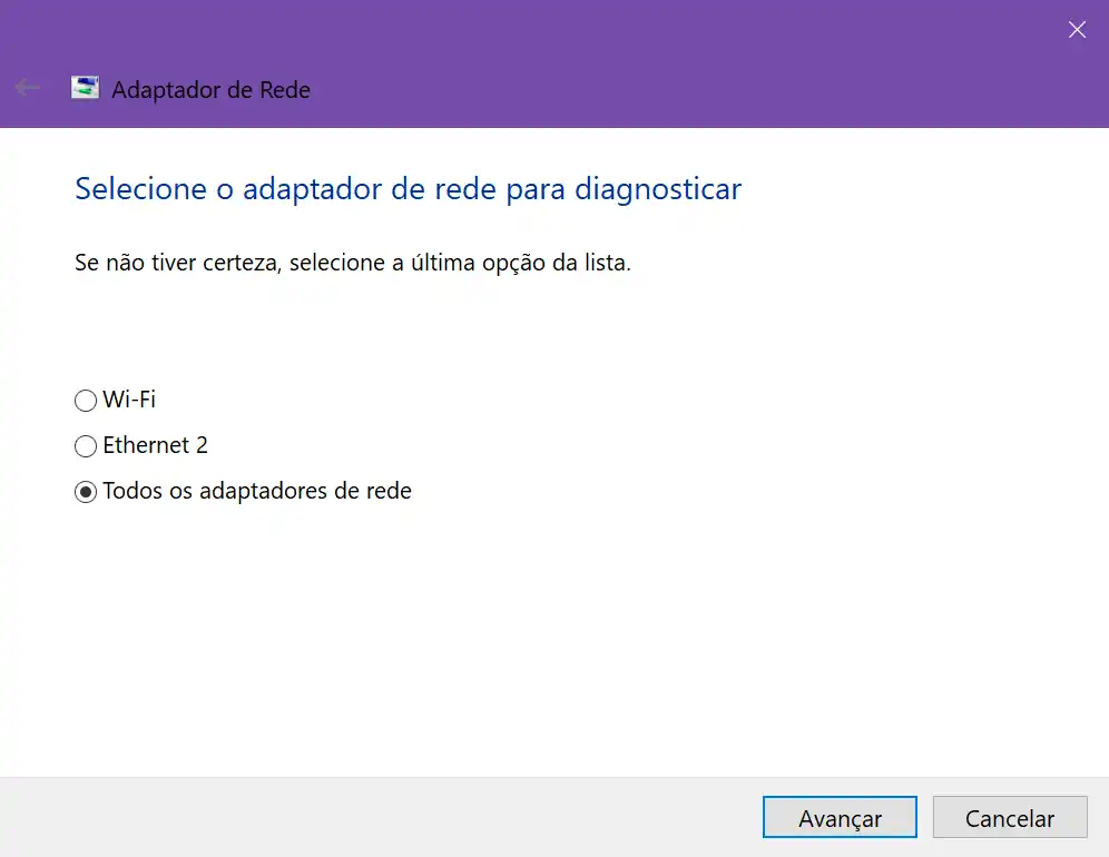 Assistente de solução de problemas de rede do Windows 10, primeiro passo (escolha do dispositivo).