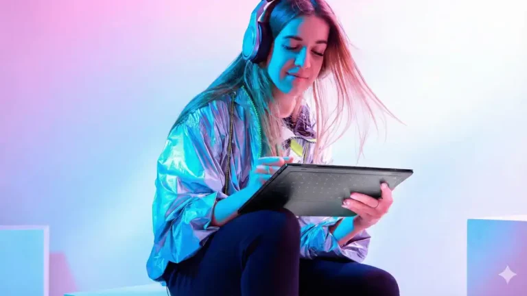 Jovem mulher usando o Positivo Duo no modo tablet