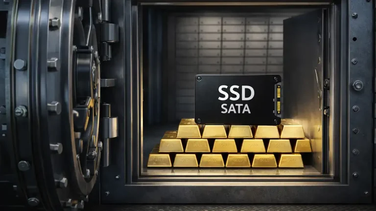 SSD SATA em um cofre aberto junto a barras de ouro