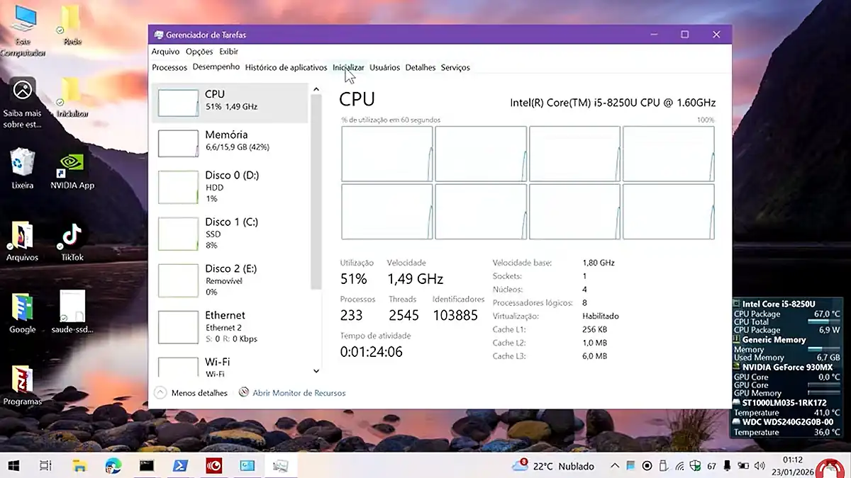 Gerenciador de Tarefas do Windows na aba Desempenho