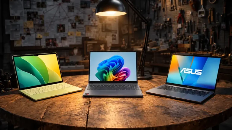 Apple MacBook Neo, Lenovo Ideapad Slim 3x e ASUS Vivobook S14 sobre uma mesa em porão de investigador.